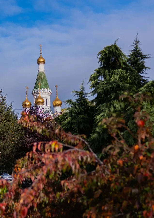 Църковен купол сред зеленина и цветя